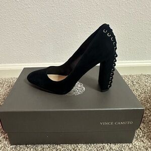 Vince Camuto Black Suede Heels with Eyelet Detail